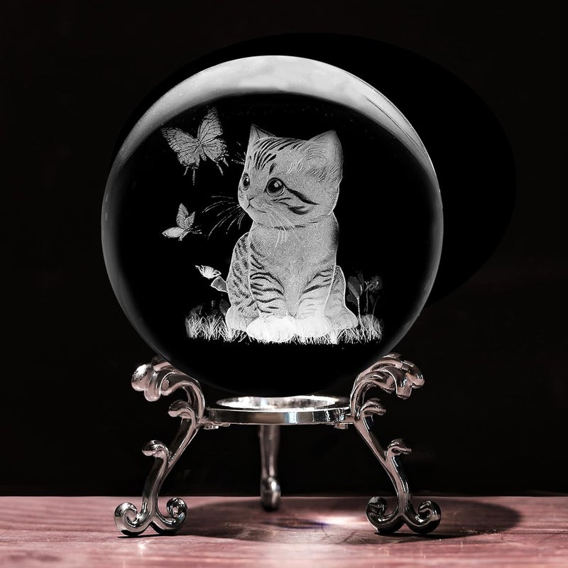 PYJ3DLAMP كرة كريستال ثلاثية الأبعاد على قاعدة مزخرفة بالليزر - زينة قطة هدية - Image 1